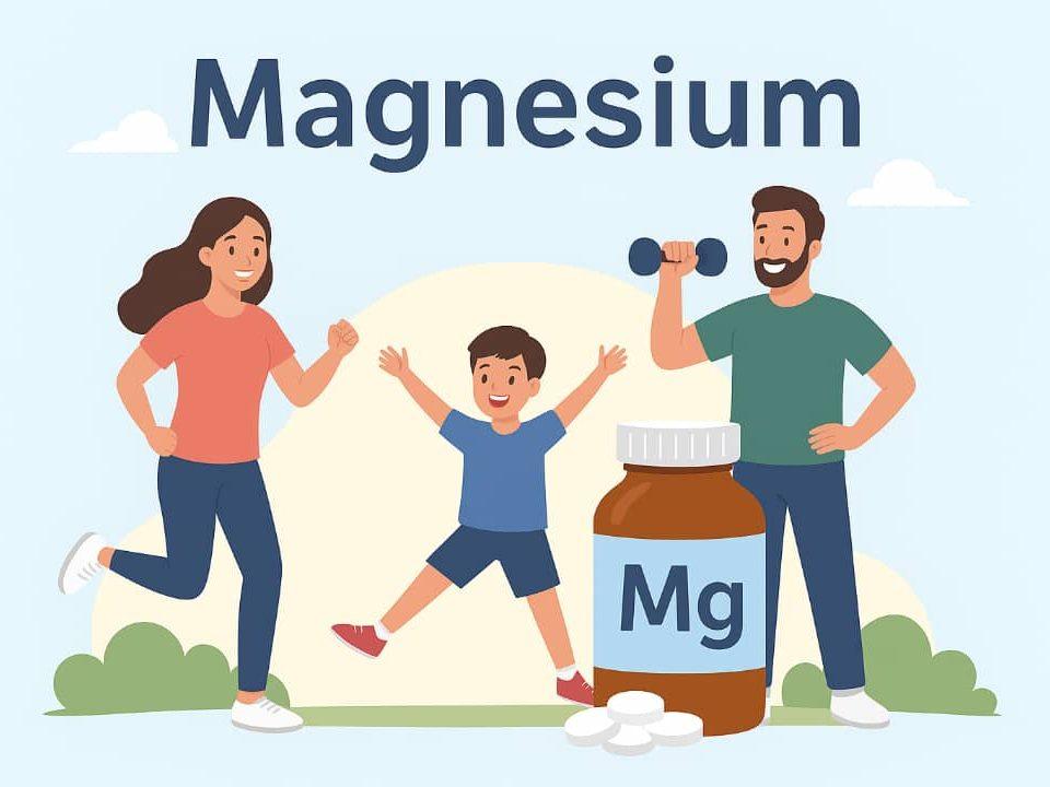 تصویر یک خانواده شاد در حال ورزش در فضای باز همراه با یک بطری مکمل منیزیم که نشاندهنده نقش منیزیم در سلامت و انرژی است.