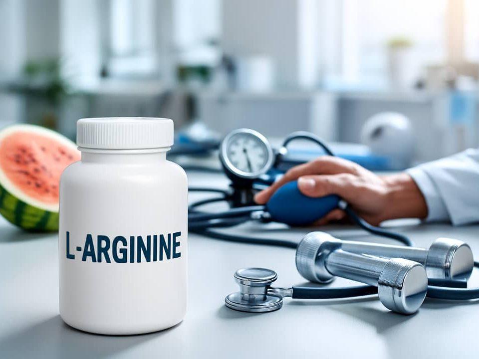 بطری مکمل الآرژنین روی میز پزشکی در کنار دستگاه فشار خون، دمبلهای ورزشی و برش هندوانه، در یک محیط کلینیکی روشن