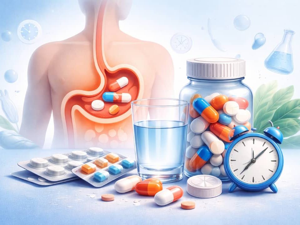 تصویر گرافیکی دارو و معده خالی مرتبط با مصرف دارو ناشتا