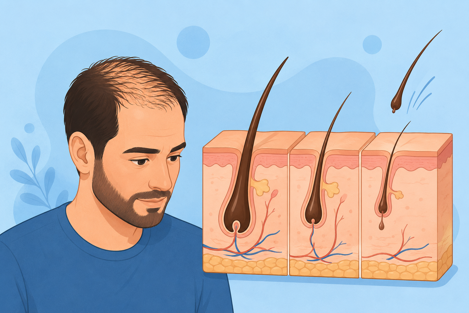 اینفوگرافیک کارتونی از چرخه رشد مو و عوامل موثر بر ریزش مو.