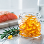 کپسولهای ژلاتینی مکمل امگا ۳ در کنار فیله ماهی سالمون و گیاه رزماری
