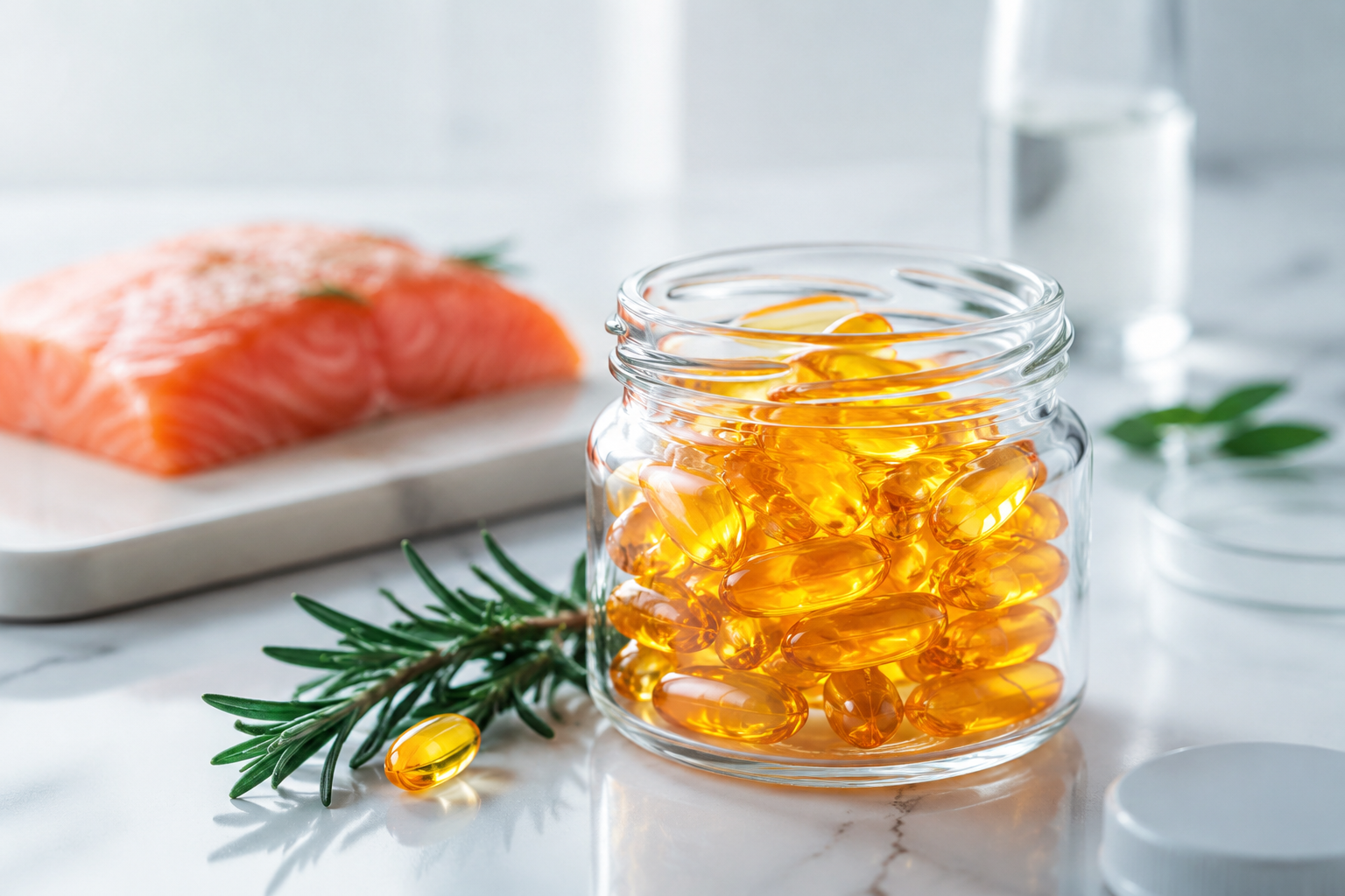 کپسول‌های ژلاتینی مکمل امگا ۳ در کنار فیله ماهی سالمون و گیاه رزماری
