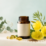مکمل روغن گل مغربی در کنار گل‌های زرد گیاه گل مغربی و کپسول‌های ژلاتینی