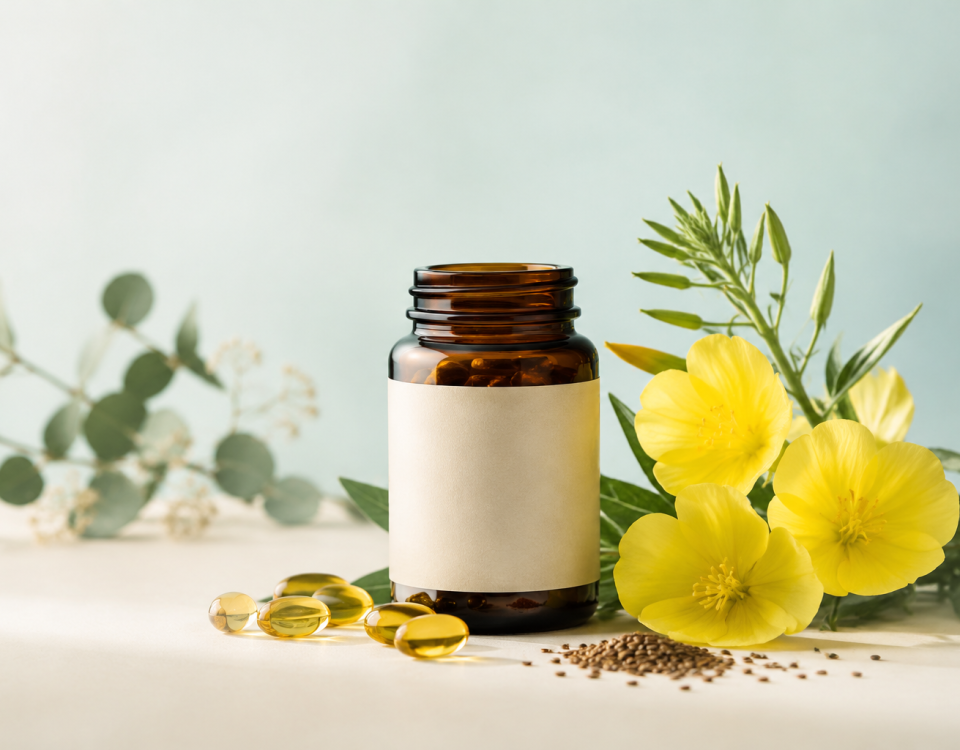 مکمل روغن گل مغربی در کنار گل‌های زرد گیاه گل مغربی و کپسول‌های ژلاتینی