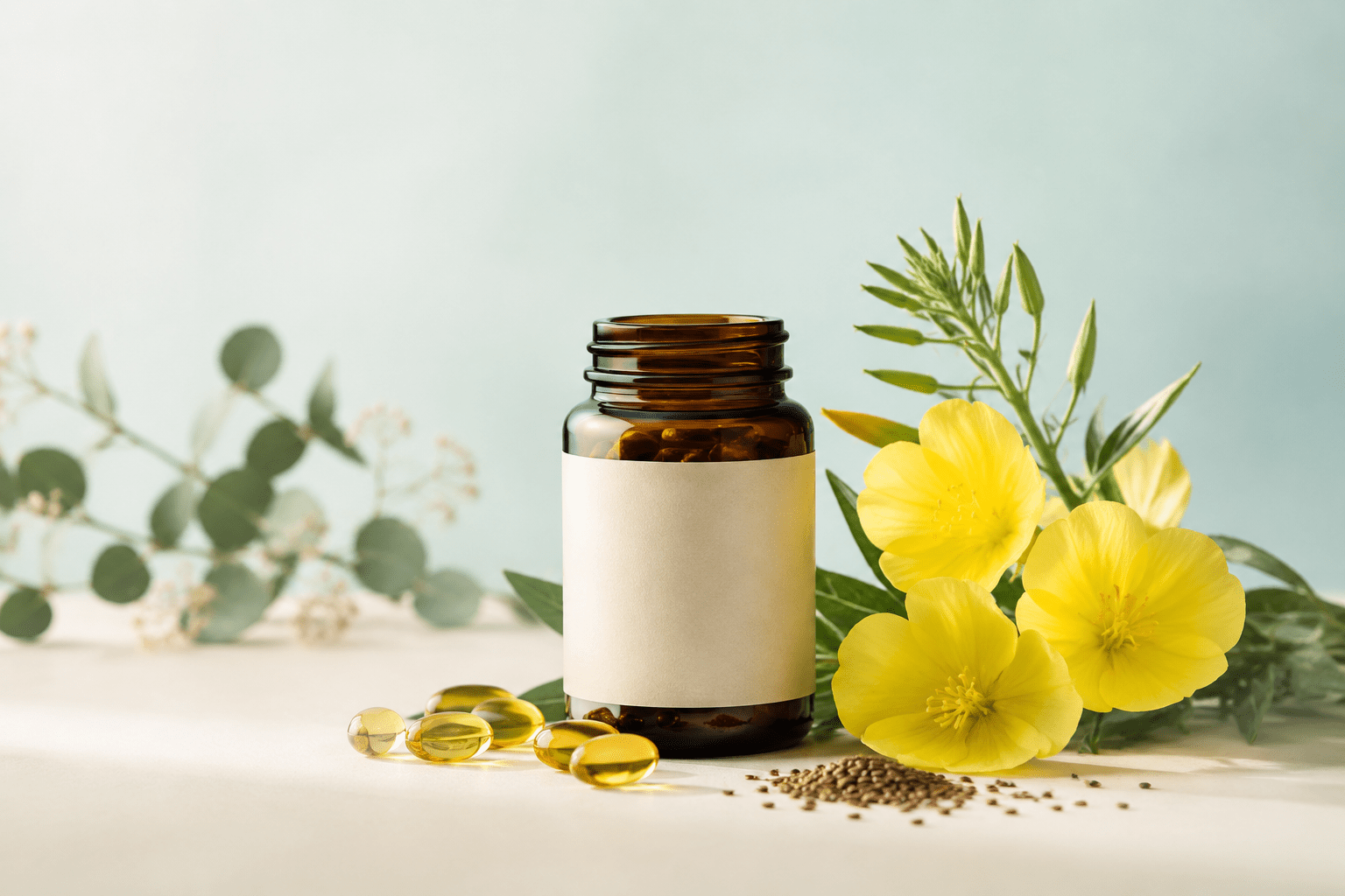 مکمل روغن گل مغربی در کنار گل‌های زرد گیاه گل مغربی و کپسول‌های ژلاتینی