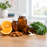 بطریهای دارو و مکمل در کنار پرتقال، بادام و سبزیجات؛ نمایانگر مفهوم تداخل دارویی و تخلیه ریزمغذیها در بدن.