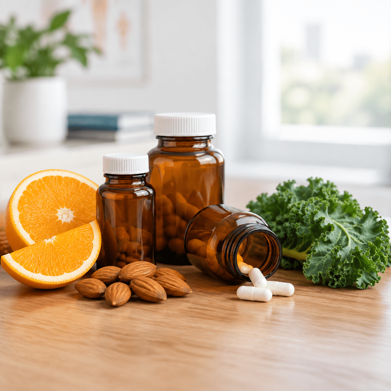 بطریهای دارو و مکمل در کنار پرتقال، بادام و سبزیجات؛ نمایانگر مفهوم تداخل دارویی و تخلیه ریزمغذیها در بدن.