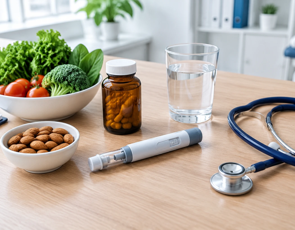 قلم تزریقی لاغری GLP-1 در کنار شیشه مکمل مولتی‌ویتامین، سبزیجات تازه، بادام و گوشی پزشکی روی میز مطب