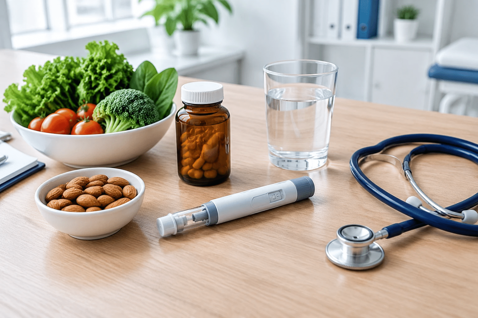 قلم تزریقی لاغری GLP-1 در کنار شیشه مکمل مولتیویتامین، سبزیجات تازه، بادام و گوشی پزشکی روی میز مطب